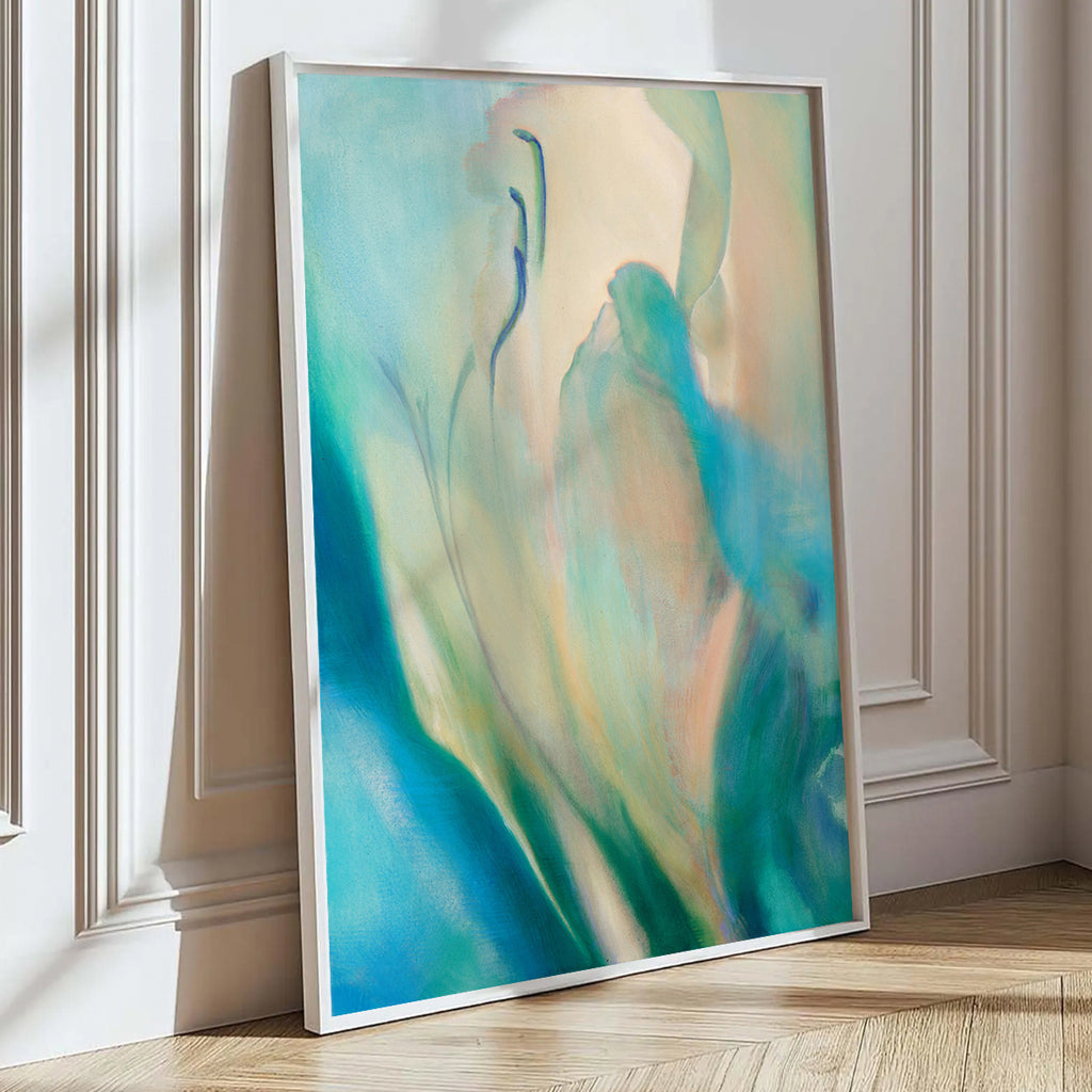 Framed abstract floral fine art print by Eva Cassini in jade and aqua colours, resting against a wall