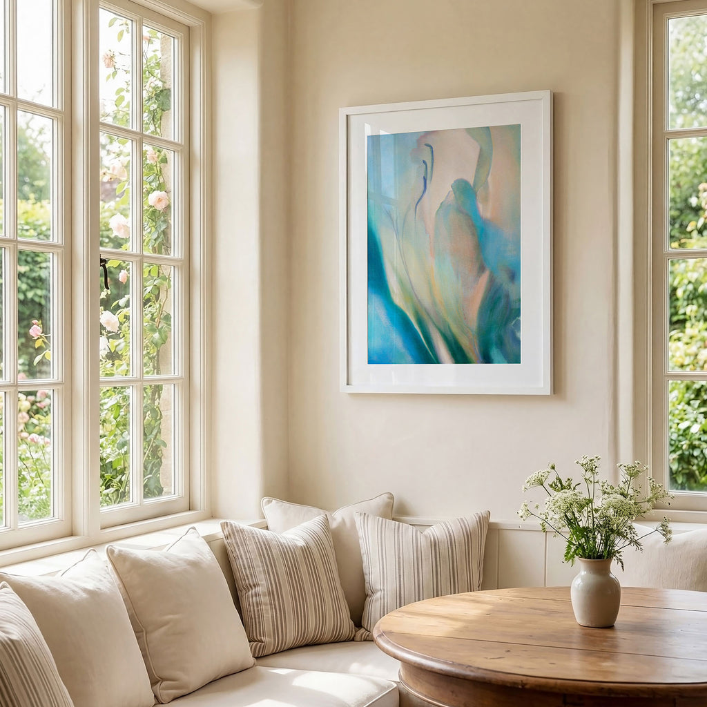 Framed abstract floral fine art print by Eva Cassini in jade and aqua colours, on wall in light filled living room