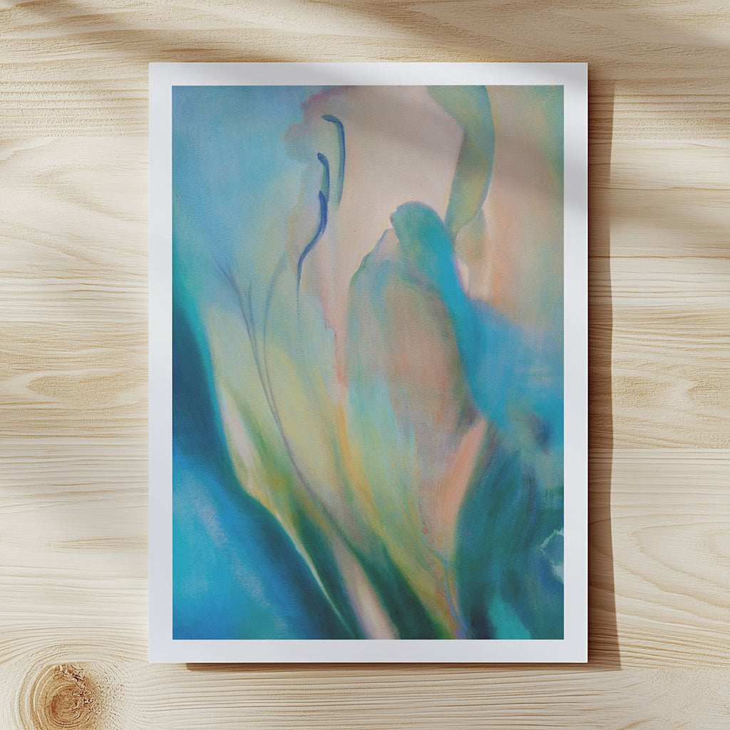 Abstract botanical fine art print in flowing aqua and peach tones, on a wooden surface
