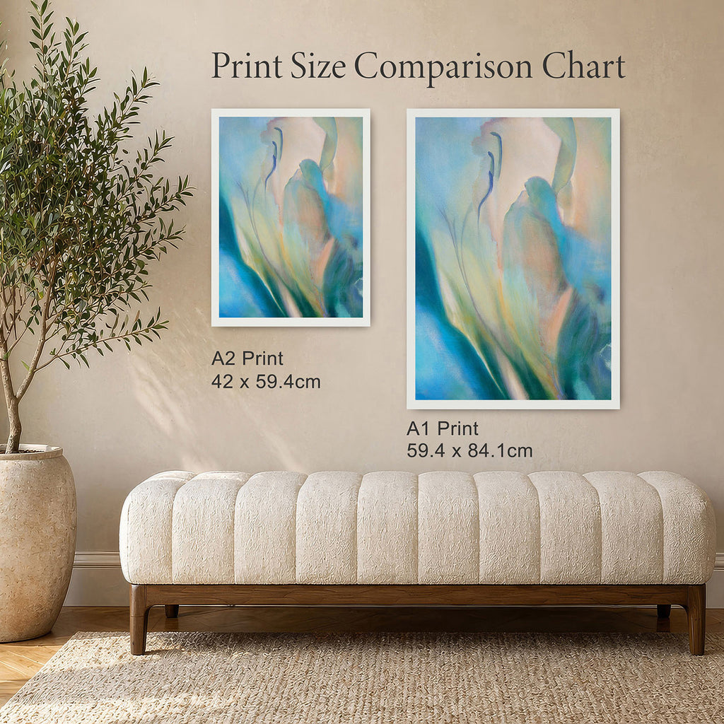 Comparison chart of different print sizes of an abstract floral artwork on a wall.
