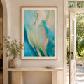 Abstract botanical fine art print by Eva Cassini, framed on wall in light filled entrance