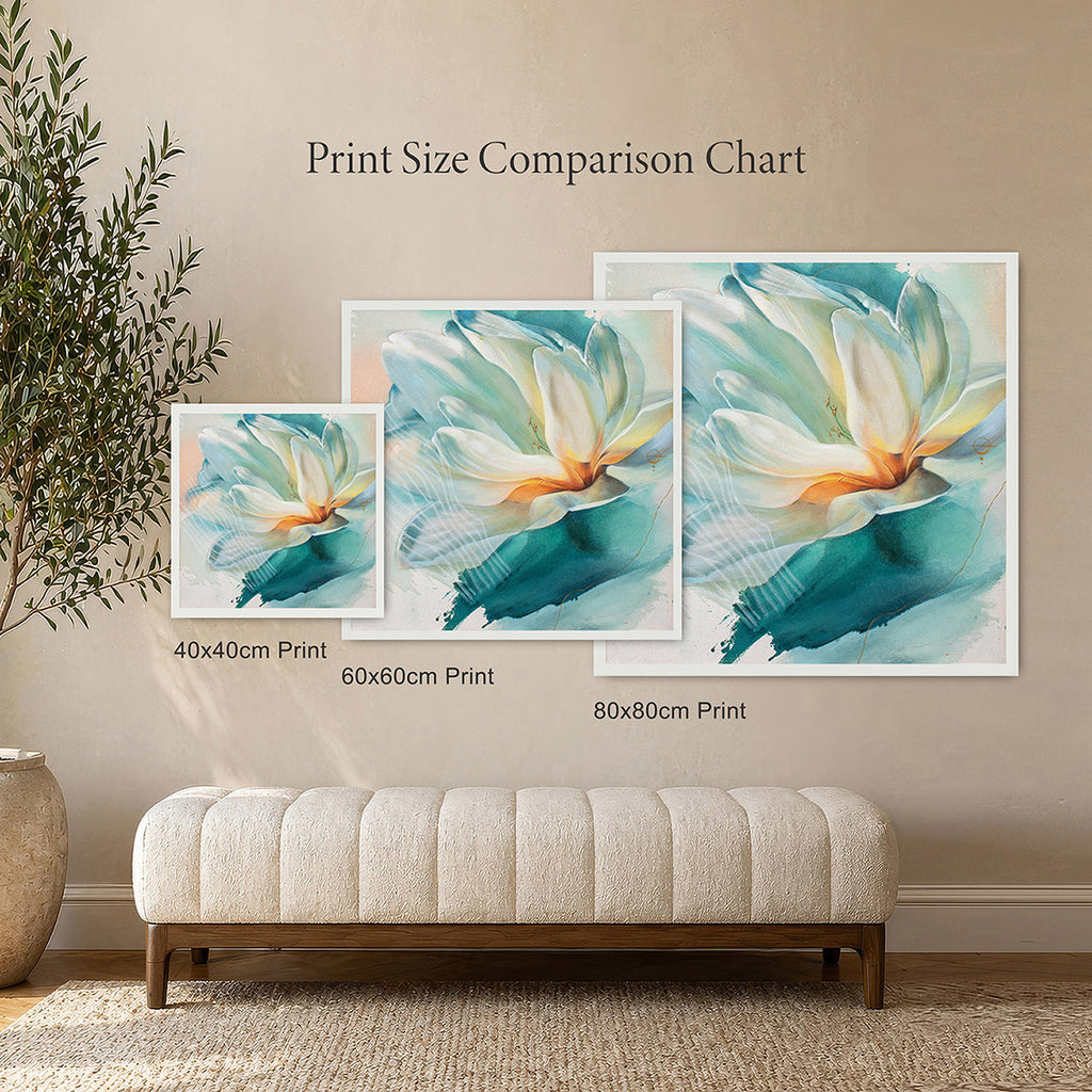 Comparison chart of different print sizes of an abstract floral artwork on a wall.