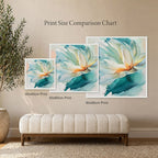 Comparison chart of different print sizes of an abstract floral artwork on a wall.