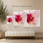 Comparison chart of different print sizes of an abstract floral artwork on a wall.