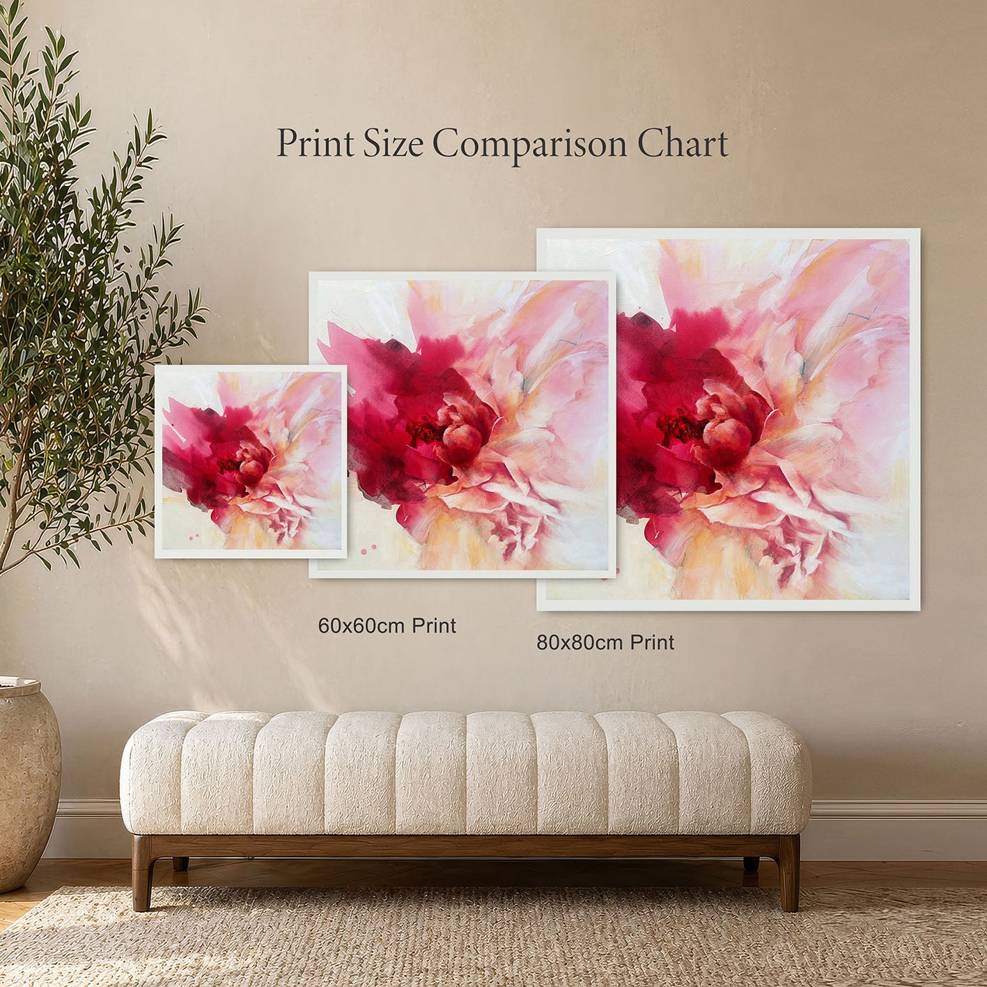 Comparison chart of different print sizes of an abstract floral artwork on a wall.