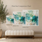 Comparison chart of different print sizes of an abstract floral artwork on a wall.
