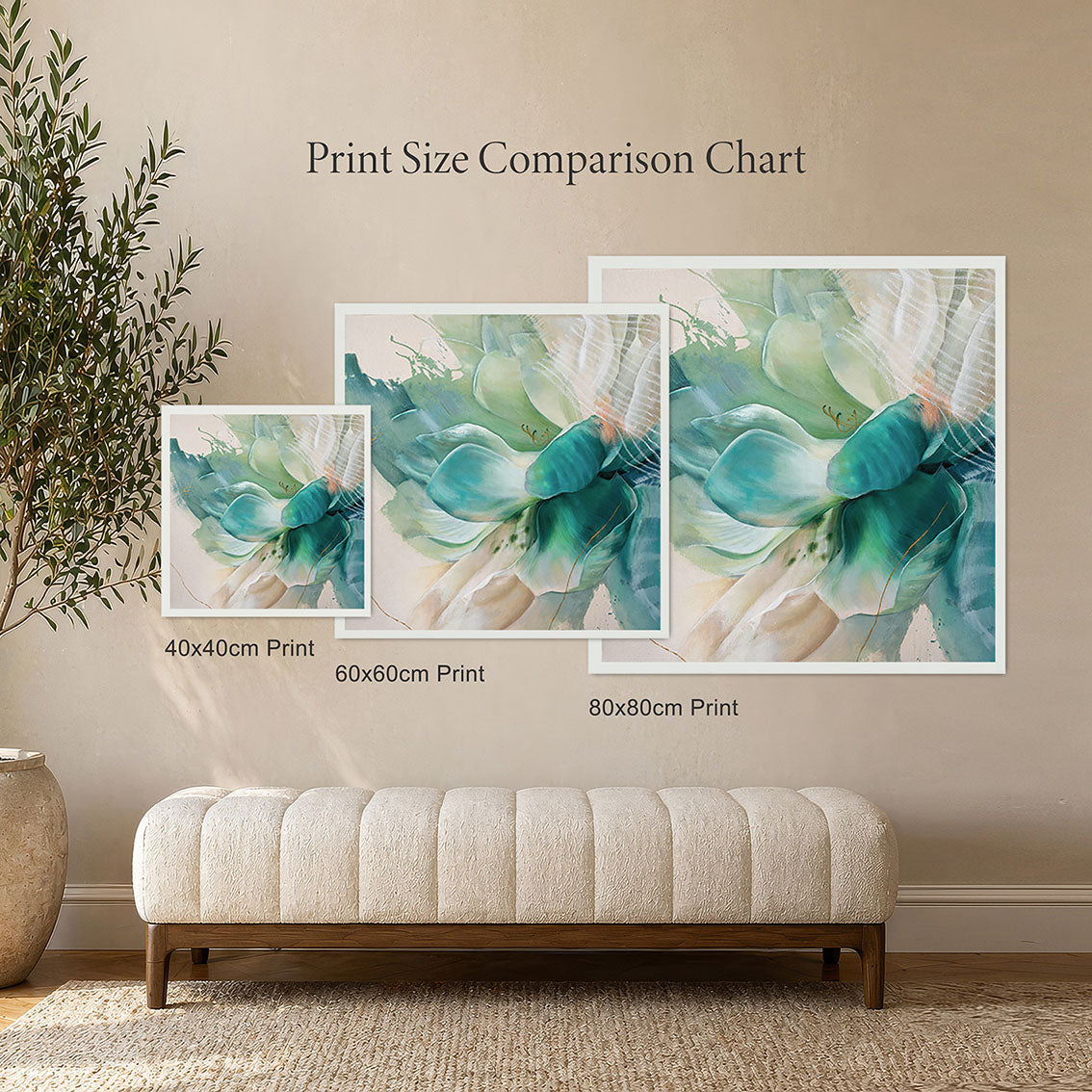 Comparison chart of different print sizes of an abstract floral artwork on a wall.