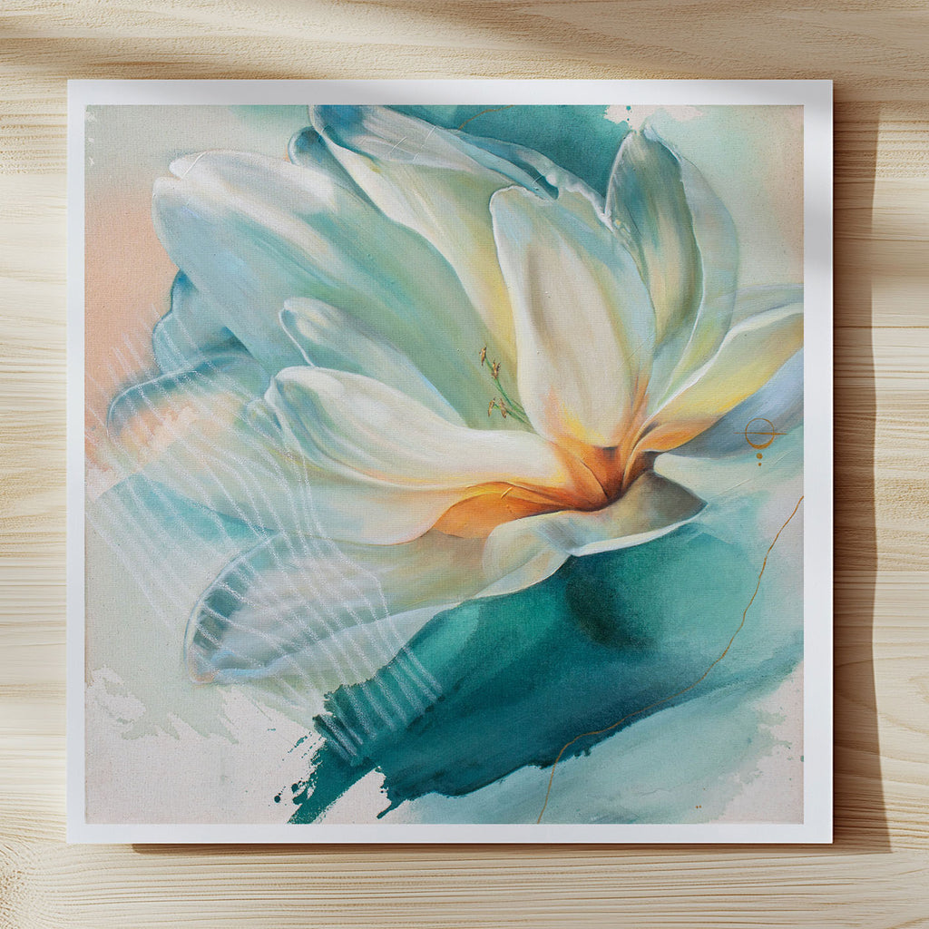 Abstract botanical fine art print ‘Song of Lyra’ in coastal teal and aqua tones