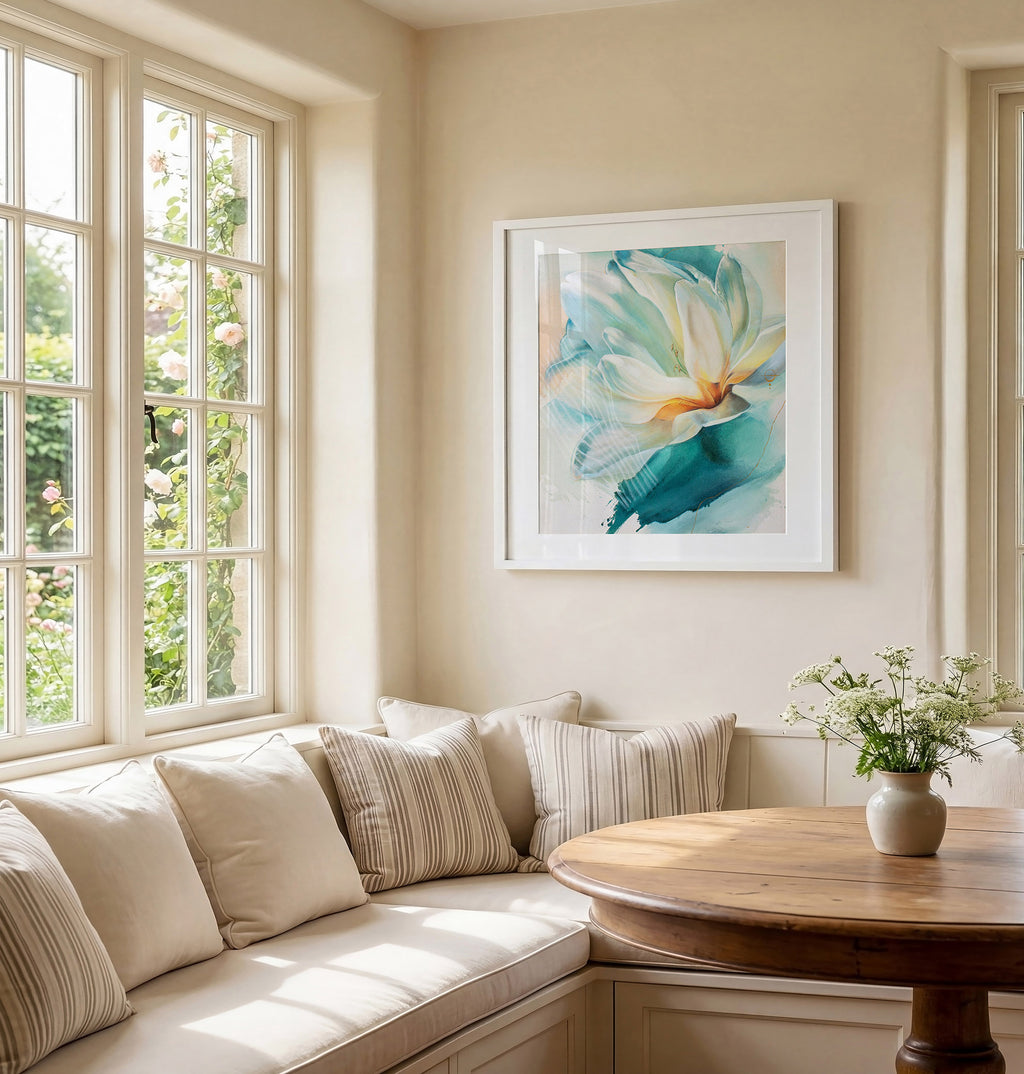 Abstract botanical fine art print ‘Song of Lyra’ framed on wall in light filled living room