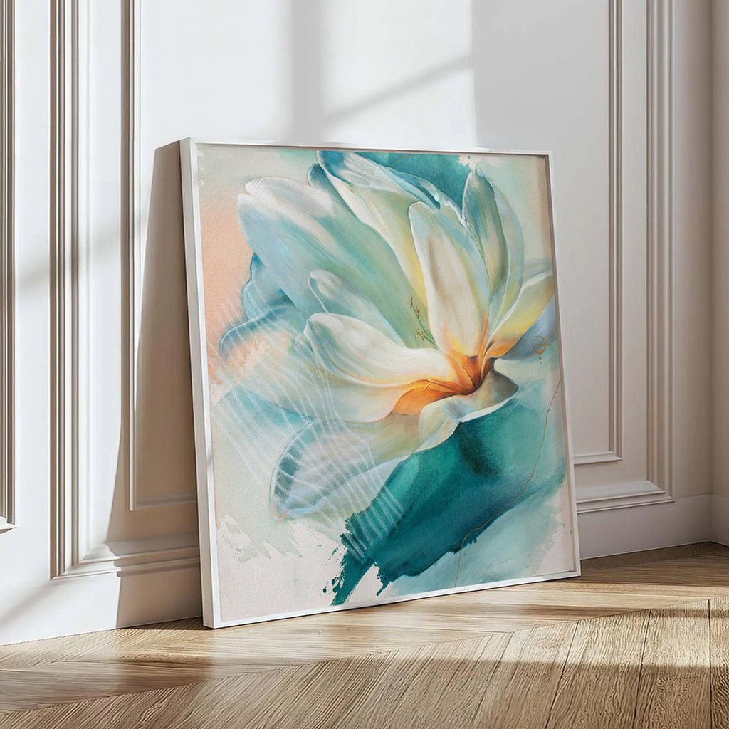 Framed abstract floral fine art print leaning against a wall.