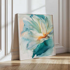 Framed abstract floral fine art print leaning against a wall.