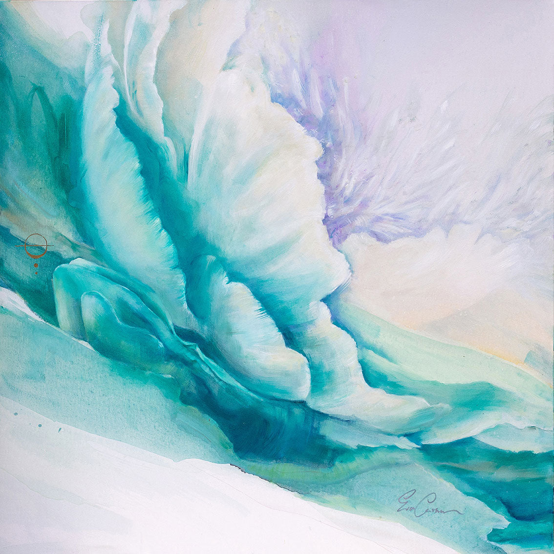Abstract floral original oil painting with swirling teal and white patterns on a white background